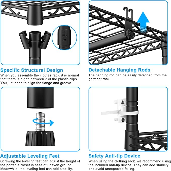 Ulif E13 Pro Heavy Duty Clothes Rack(With 4 Hanger Rods & 8 Shelves) Freestanding Clothing Racks for Hanging Clothes,Adjustable Closet,Metal Garment Rack 75" W x16 D x77 H,Max Load 1000LBS,Black