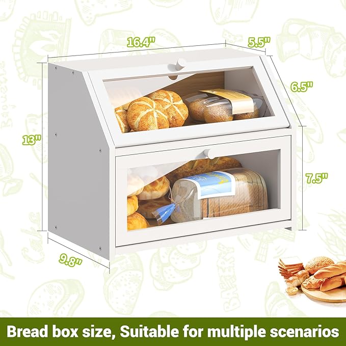 BMOSU Farmhouse Bread Box for Kitchen Countertop Bread box Double Layer Bamboo Wooden Extra Large Capacity Bin Kitchen Food Storage Container(White)