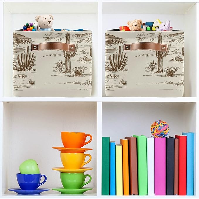 Storage Basket Western Desert Cowboy Storage Bin Cube with Handles Foldable Storage Baskets for Shelves Living Room Home Decor 2PCS