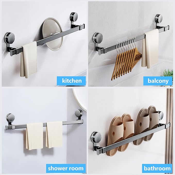 MIKEE Towel Rack for Bathroom,25.2inch - 43.3inch Suction Cup Towel Bar, Adjustable Towel Racks for Bathroom Wall Mounted with 180° Rotation, Heavy Duty Towel Holder, Bathroom Accessories