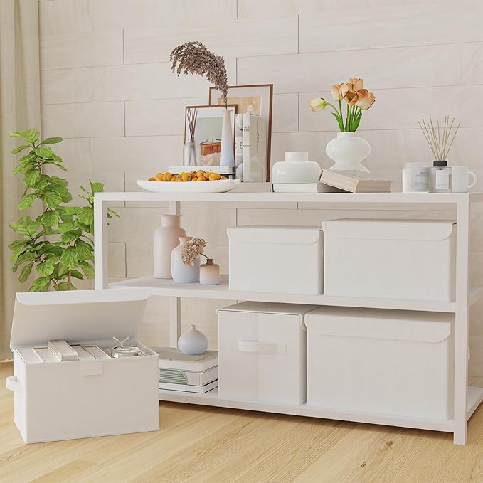 Fabric Storage Bin with Lid, Closet Boxes with Cover, Collapsible Stackable Organizer Basket with 2 Handles, for Home and Bedroom, 2 Pack, White, 10.2 x 7.9 x 6.7 In, XSNY12WS-2
