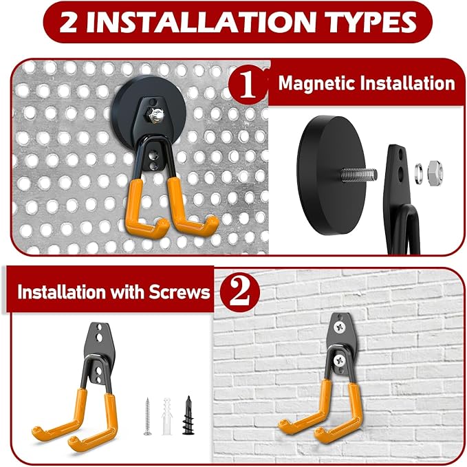 3-H Heavy Duty Magnet Garage Hooks 4 Pack, Large Strong Magnetic Hooks for Hanging Cordless Power Drill, Utility Magnetic Tool Holder for Metal Cabinet, Steel Pegboard, Toolbox, Garage(Orange)