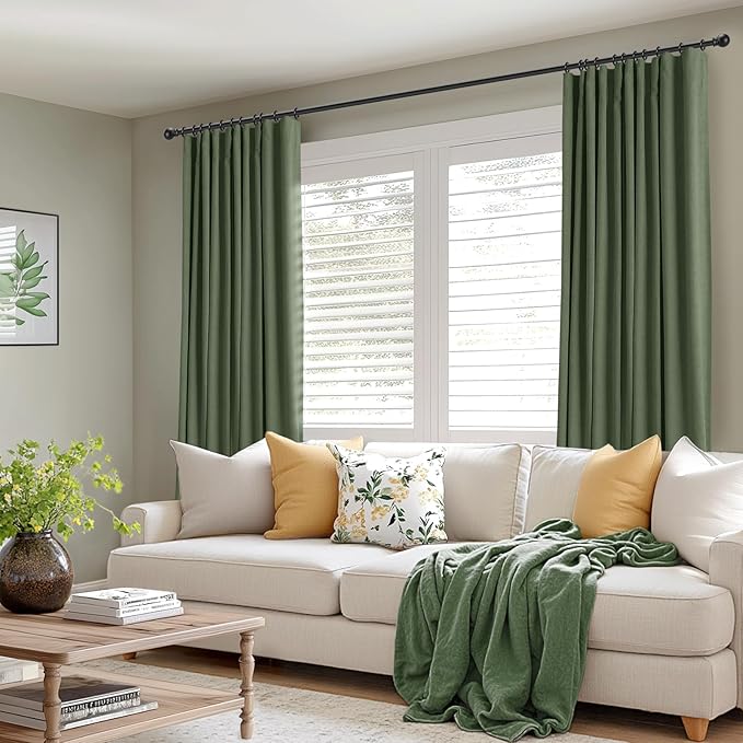 INOVADAY 100% Blackout Curtains for Bedroom, Black Out Curtains 80 Inch Long, Clip Rings Linen Blackout Drapes, Thermal Insulated Room Darkening for Living Room, 2 Panels - Moss Green, W50xL80