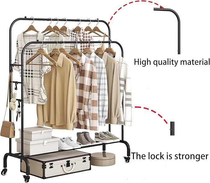 SUOERNUO Garment Rack with Wheels Clothing Rack for Hanging Clothes Multi-functional Bedroom Clothes Rack,Black+Double RodsBlack