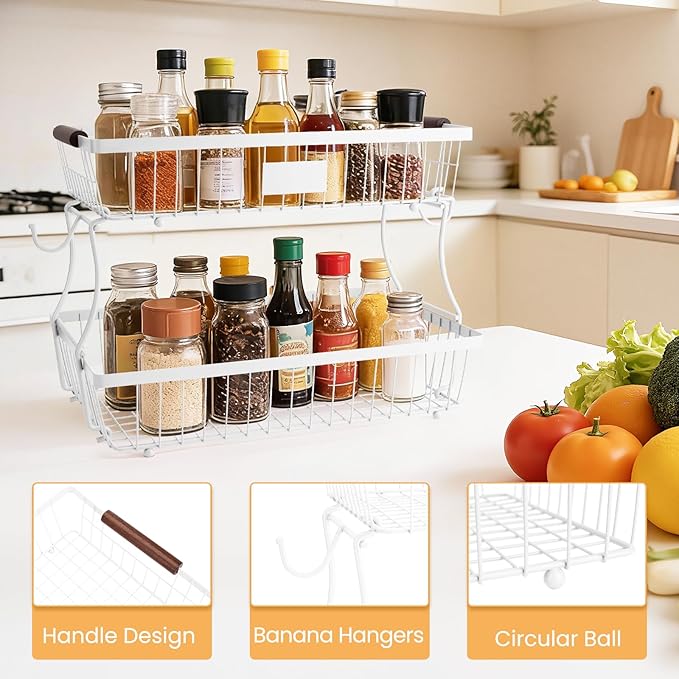 2-Tier Stackable Wire Basket with 2 Banana Hooks, Pantry Organizer for Kitchen Countertops, Cabinets & Under-Sink Spaces; Ideal for Storing Snacks, Fruits, Veggies, Onions, Potatoes, & More,White