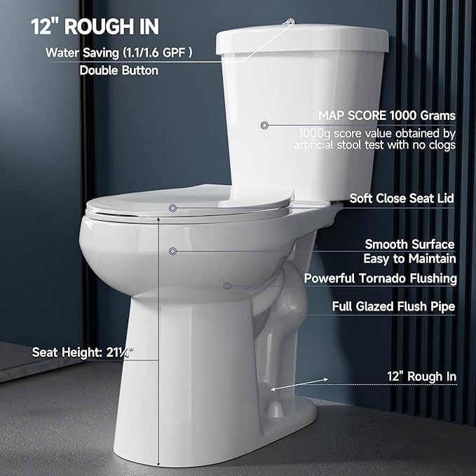 Compact Extra Tall Toilet 21 Inch for Seniors 1.1/1.6 GPF Tornado Dual Flush - Two Piece Comfort High Toilet for Bathroom, 20.5 Inch Bowl Height, 21.25 Inch Seat Height, 12" Rough In, White