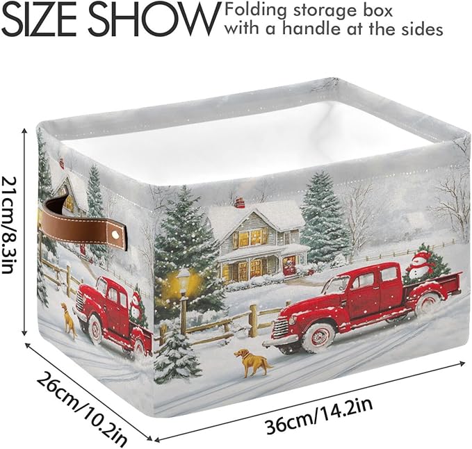 Red Truck Christmas Storage Basket Bin Xmas Tree Winter Snowman Fabric Storage Box Cube with Handles Kids Toys Hamper Closet Shelves Basket Organizer for Bedroom Nursery Home Decorative