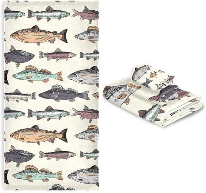3 Piece Vintage Fishes Bath Towel Set,Microfiber Decorative Colorful Cartoon Carpet Lake Fish Animal Bathroom Towels,1 Bath Towel 1 Hand Towel for Bathroom Kitchen,1 Washcloth for Body Face