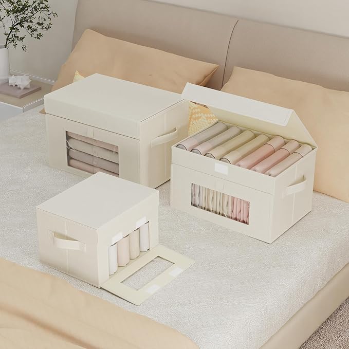 Storage Bins with Lids, Cube Organizer Basket with Window, Closet Boxes with Carrying 2 Handles and Sturdy PP Support Plate, 2 Pack, Beige, 15 x 9.8 x 9.8 In, XSNY17BEL-2