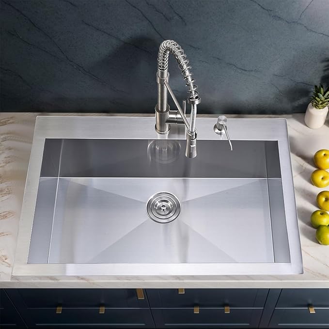 33"x 22" Drop in Stainless Steel Kitchen Sink, Brushed Nickel Top mount Kitchen Sinks, 18 Gauge Handmade Single Bowl Large Basin With Dish Grid and Basket Strainer