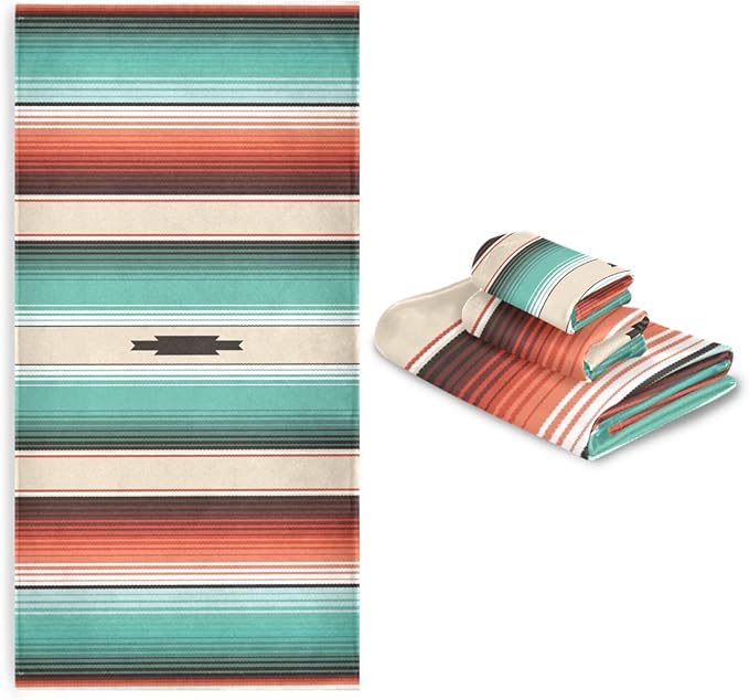 3 Piece Mexican Serape Bath Towel Set,Microfiber Decorative Turquoise Navajo Ethnic Colorful Striped Mexican Bathroom Towels,1 Bath Towel 1 Hand Towel for Bathroom Kitchen,1 Washcloth for Face