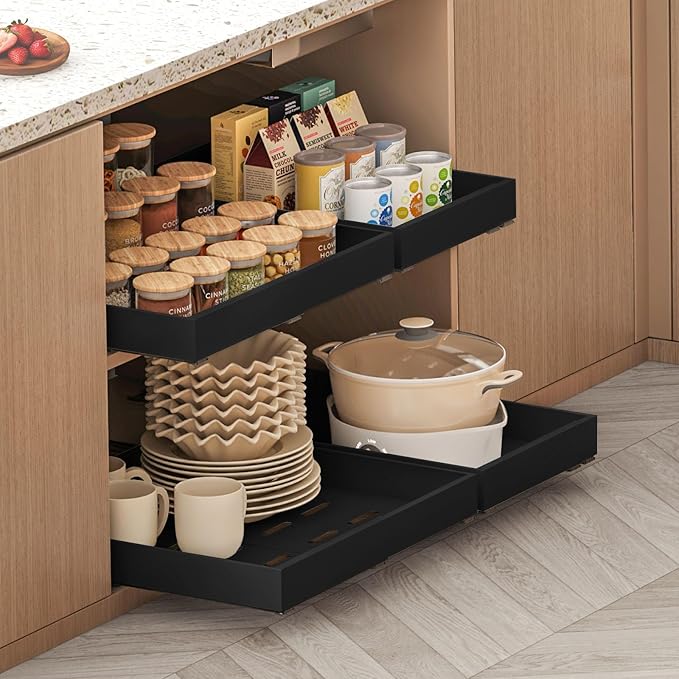2 Pack Expandable Pull Out Cabinet Organizer, 21" Depth, for Kitchen Cabinets, Upgrade 3 Slide Slide-Out Drawers, Adjustable Width 12.05" - 20.5", Black