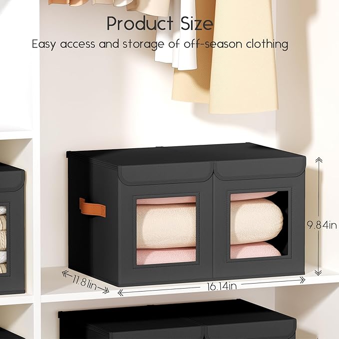 Large Closet Storage Bins - Collapsible Divided Clothes Organizer with Lids & Dual Window, Fabric Organizing Bins for Clothes, Sweater, Bedroom, Office (Black, 4 Pack)