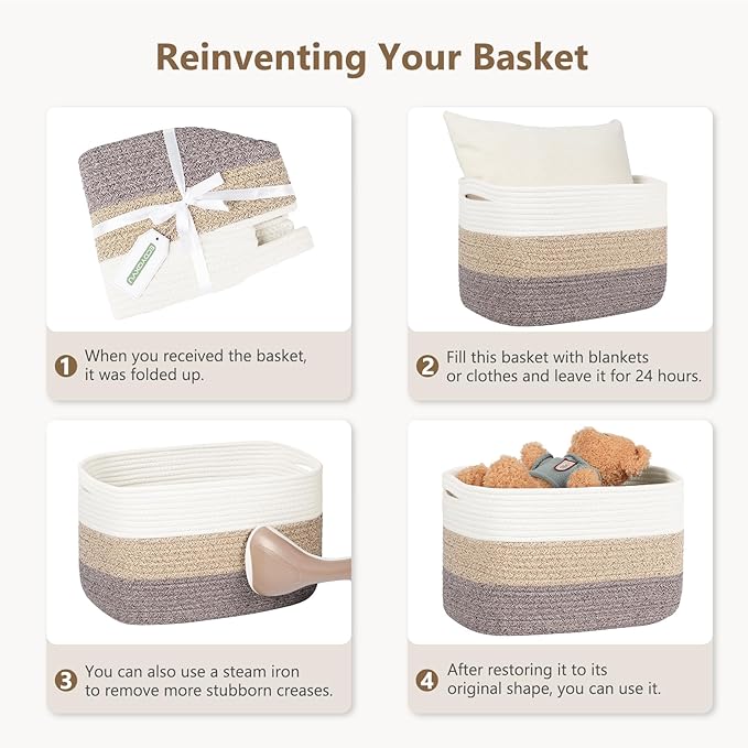 Cotton Rope Storage Basket, 15x10x9 Inches, Woven Basket for Shelves, Clothes, Towels, Books, and Laundry, Jute Brown (2 Pack)