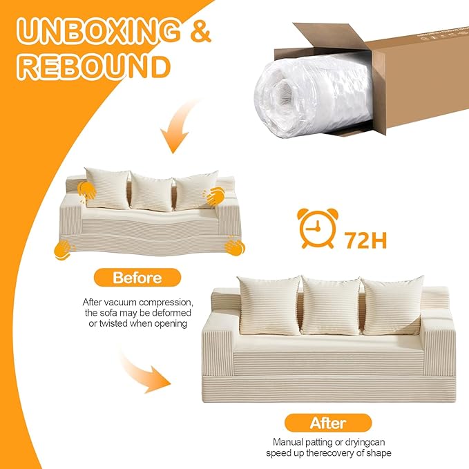 Convertible Futon Sofa Bed Couch, 78'' Corduroy Folding Sofas Bed, Compression Boneless Floor Couch Sofa Beds with 3 Pillows for Living Room Bedroom Apartment