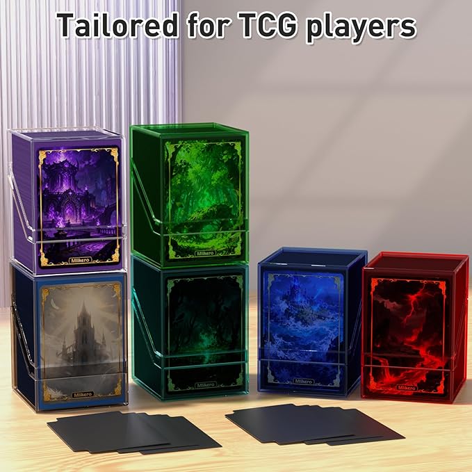 Mlikero Card Deck Cases, Acrylic Commander Deck Box Holding 100+ Sleeved Cards with Dividers, Clear Card Storage Box Fit for MTG, TCG, Sports Cards (Green)