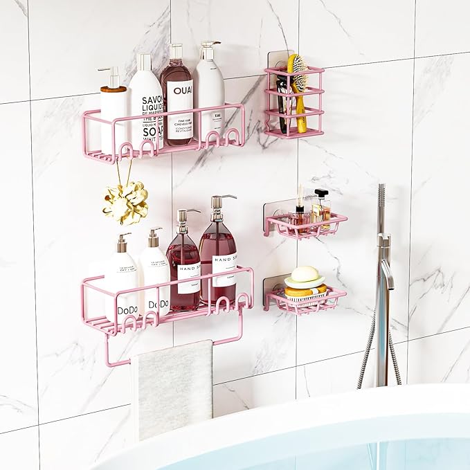 5-Pack Shower Caddy, Adhesive Shower Organizer, No-Drill Space Saving Shower Shelf with Soap Dish, Rustproof Shower Shampoo Holder for Kitchen & Bathroom Storage & Home Decor (Pink)