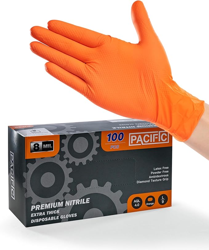 PACIFIC PPE 8 Mil Heavy-Duty Strength Nitrile Gloves, Chemical Resistant, Diamond Texture Industrial Disposable Gloves, Orange, 100PCs, X-Large