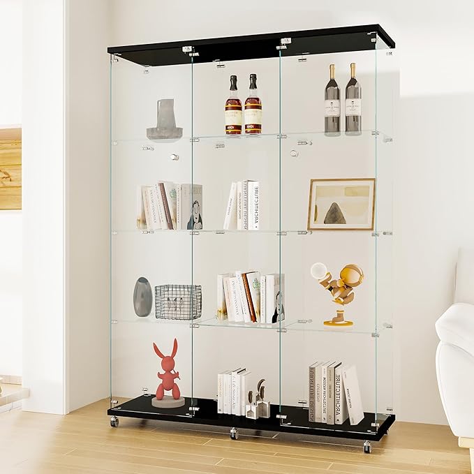 LFT HUIMEI2Y Glass Display Cabinet 12 Shelves with 3 Columns 2 Doors and Lock, Extra Large DIY Curio Cabinets Quick-Install Style Tempered Glass Bookshelf for Living Room, Bedroom, Black