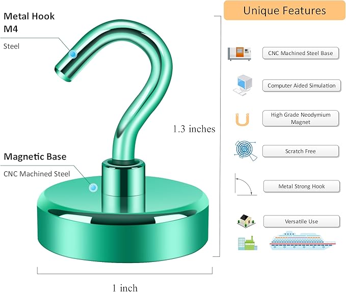 Neosmuk Magnetic Hooks Heavy Duty,Strong Magnet with Hook for Fridge, Super Neodymium Extra Strength Industrial Hooks for Hanging, Magnetic Hanger for Toolbox, Cruise, Grill(Green,4 Pack)