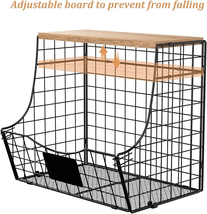 3 Pack Fruit Basket for Kitchen with Wood Lid - Counter&Wall Mounted Onion and Potato Storage with Nameplate, Stackable Storage Basket, Hanging Metal Wire Baskets,11.5 * 10.63 * 8.66 Inch