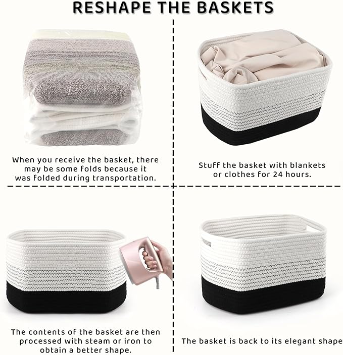 4 Pack Storage Baskets for Organizing, 12''Lx10''Wx8''H Woven Baskets for Storage Toys, Towels, Books, and Clothes, Cotton Rope Basket for Shelves with Handle (White & Black)