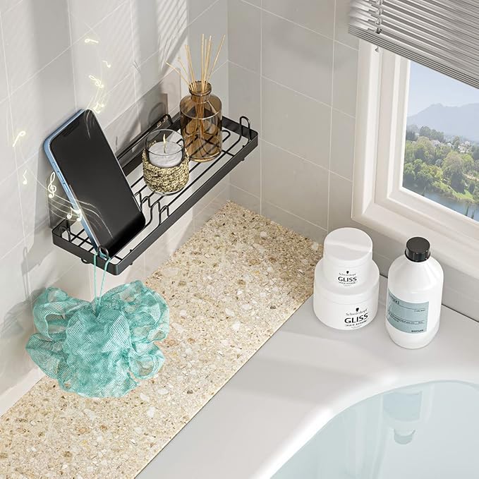 TOMIR Double Soap Dish with Hooks - Adhesive Shower Wall Mount Stainless Steel Soap Holder for Bathroom & Kitchen - Black