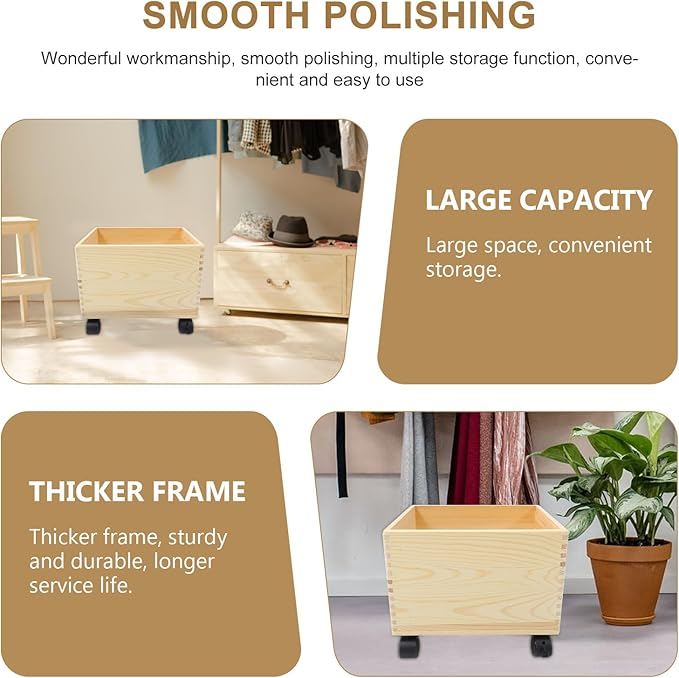 Cabilock Wooden Storage Box with Wheels Multi-Functional Rolling Storage Bin for Home Organization and Toy Holder Portable Sundries Organizer