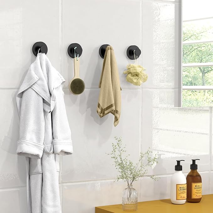 Suction Cup Hooks for Shower, Heavy Duty Towel Hooks for Walls No Damage, Modern Shower Suction Hooks for Kitchen Bathroom Wall, Glass, Mirror, Tile, Hanging Towels Robes, Black (4 Pack)