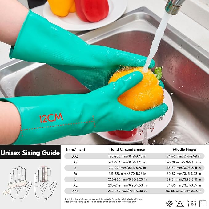 Vgo... 2-Pairs Reusable Household Gloves, Rubber Dishwashing gloves, Extra Thickness, Long Sleeves, Kitchen Cleaning, Working, Painting, Gardening, Pet Care (Size S, Green, HH4601)