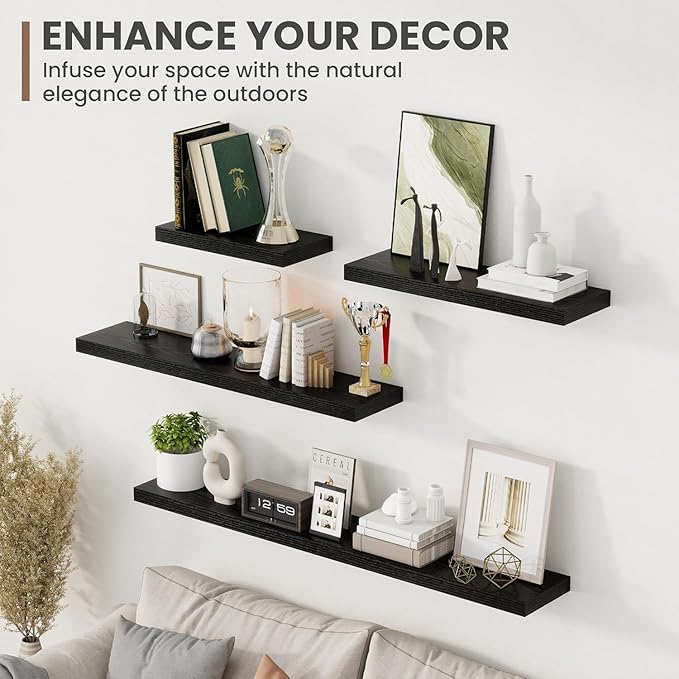 48 Inch Floating Shelves, 8 Inch Deep Floating Shelves for Wall, Hanging Shelf with Invisible Brackets, Deep Shelves for Bathroom, Bedroom, Living Room, Black, Set of 2