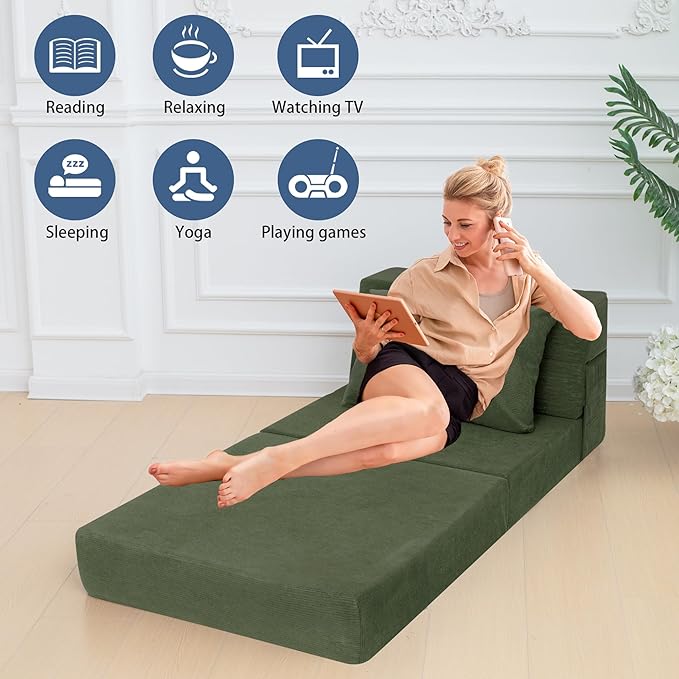 Sofa Bed Foldable Mattress ,Folding Sleeper Sofa Chair Bed Floor Mattress with Pillow for Living Room Home Office (Green-Corduroy, Single)