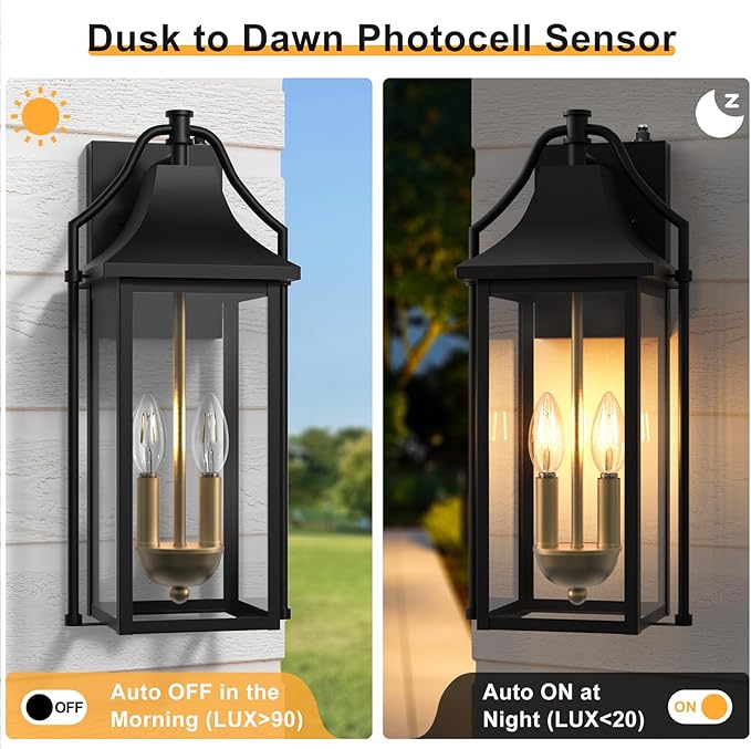 ๐๐๐ฐ๐ต Outdoor Wall Sconce Fixture, Dusk to Dawn Patio Lights Waterproof Exterior Lanterns, 2-Light Modern Wall Lights Mounted with Glass, Black Outside Light for House Front Door Decor