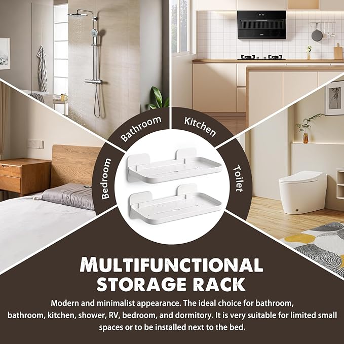 2 Pack Adhesive Floating Shelves No Drill Small Floating Shelf for Wall Storage Damage-Free Wall Mounted Organizer for Bathroom, Kitchen, Bedroom & Office (White)