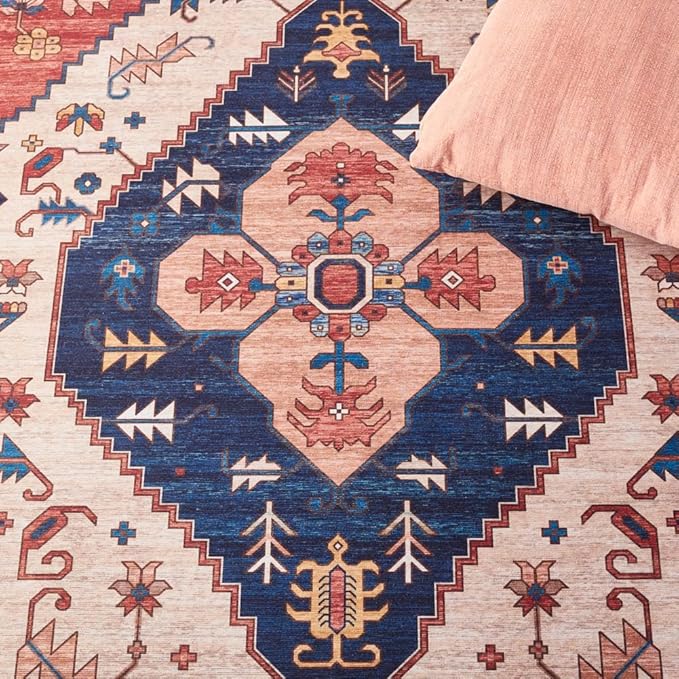 SAFAVIEH Washable Rug Tucson Collection - 2'6" x 4', Rust & Blue, Slip Resistant & Easy to Clean, Ideal for Living Room, Bedroom, Dining Space (TSN153P)