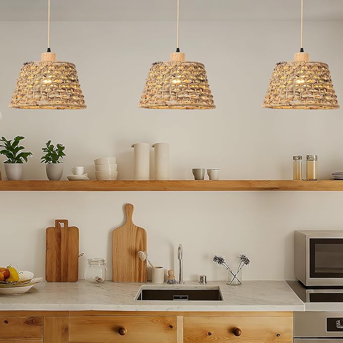 Rattan Boho Pendant Light, 12" 1-Light Hand-Woven Wicker Pendant Light with Water Hyacinth Shade, Natural Coastal Cone Hanging Light for Kitchen Island Sink Dining Room
