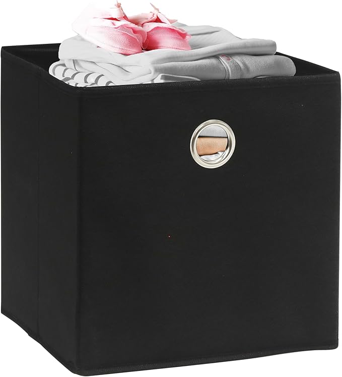 Simple Houseware 11-Inch Collapsible Fabric Cube Storage Bin with Handles, Printed Design, 6 Pack, Black