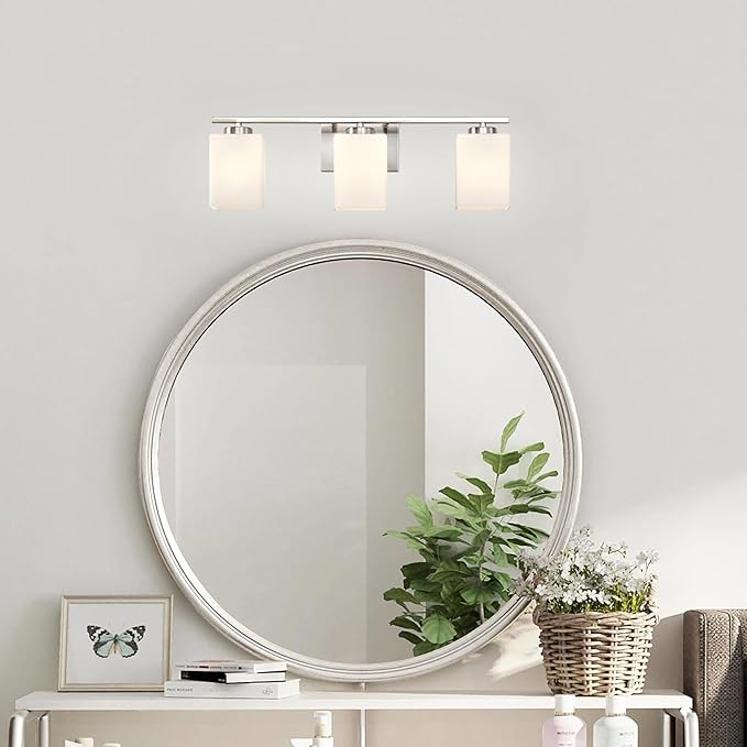 Edvivi Bathroom Light Fixtures, 3-Light Modern Brushed Nickel Vanity Light Over Mirror, Wall Sconces with Square White Glass Shades for Living Room, Bedroom, Hallway, E26 Base