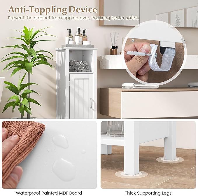 HAPPYGRILL Bathroom Floor Cabinet, Freestanding Narrow Storage Cabinet Console Table Nightstand with Adjustable Inner Shelves, Bathroom Side Storage Cabinet for Living Room Kitchen Entryway (White)