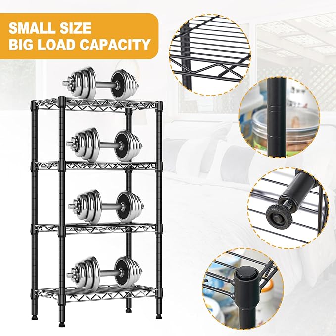 Heavy Duty Stainless Steel Kitchen Storage Rack, Adjustable Shelf Organizer with Non-Slip Mats, Black, for Cabinets, Countertops, Pantries (4-Tier Rack)