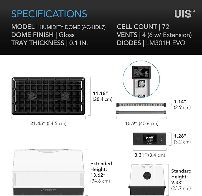 AC Infinity Automatic Sprayer & 6x12 Grow Light Humidity Dome Seed Starter Kit Bundle — 2L USB Rechargeable Electric Spray Bottle + Full Spectrum Samsung LM301H EVO Light Dome w/Tray & Vented Panels