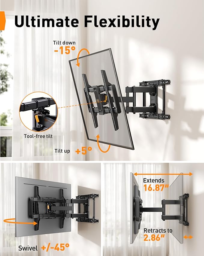 Perlegear Full Motion TV Wall Mount for 42–97 inch TVs up to 132 lbs, Preassembled and Telescopic Design for Easy Setup, Swivel, Tilt and Extension, Fits 16″/18″/24″ Wood Studs, Max VESA 600x400mm