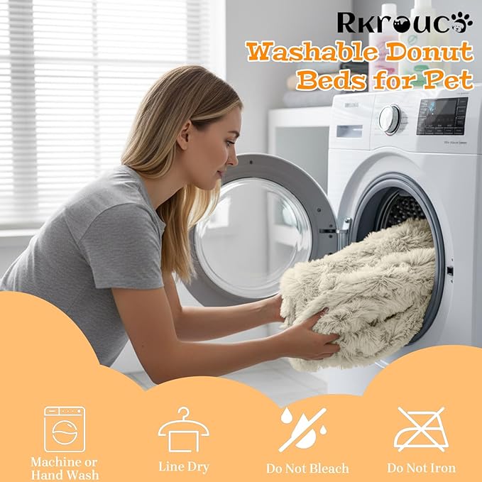 Fluffy Dog Bed Calming Donut Beds for Large Dogs Warming Round Small Medium Pet Nest Cozy Cat Mattress Indoor Washable Puppy Kennel Kittens Sleep Mat (L, 35.4×35.4 inch, Khaki)