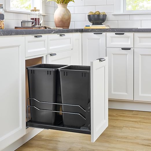 Rev-A-Shelf Double Pullout Trash Can for Base Kitchen Cabinets 27 Quart 12.5 Gallon with Soft-Close Slides, Metallic Silver, 53WC-1527SCDM-217