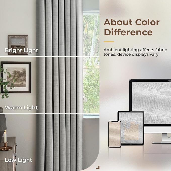 INOVADAY 100% Blackout Curtains for Bedroom, Black Out Curtains 90 Inch Long, Clip Rings Linen Blackout Drapes, Thermal Insulated Room Darkening for Living Room, 2 Panels - Dove Grey,W50xL90