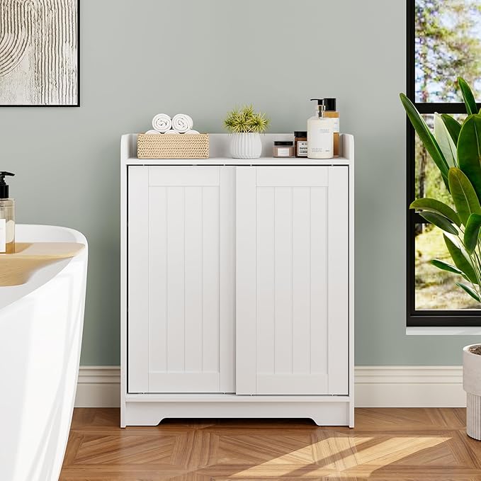 Bathroom Floor Cabinets, Slim Bathroom Storage Cabinet with Sliding Door, Ideal for Toilet Paper Holder, Adjustable Shelves, Next to Toilet Solid Cabinet for Bathroom,Kitchen,White