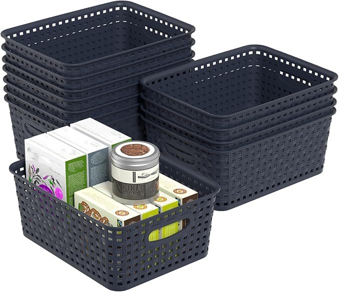 Sadstory Plastic Weave Storage Baskets, Plastic Organizer Shelf Basket, Navy-Blue, 12 Packs