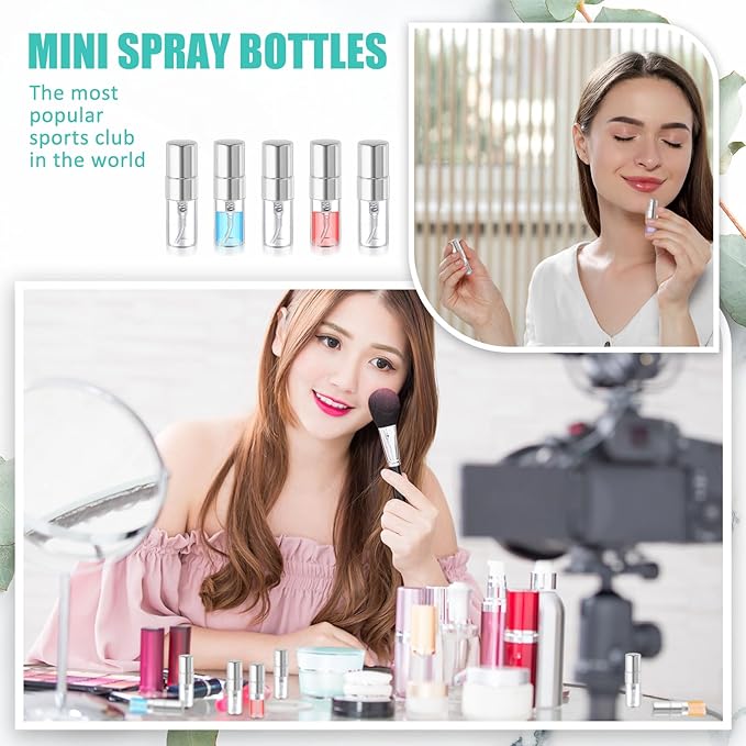 Zhehao 50 Pcs Mini Spray Bottles 2 ml Clear Glass Perfume Bottles Refillable Fine Mist Perfume Atomizer Portable Empty Sample Containers for Cleaning, Essential Oils, Travel (Silver Cap)
