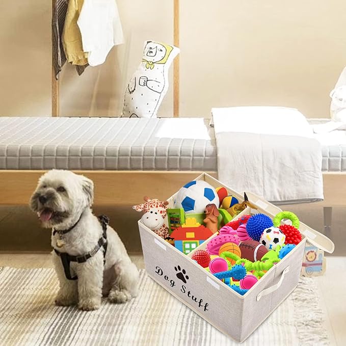 Geyecete Large Storage Boxes - Large Linen Fabric Foldable Storage Cubes Bin Box Containers with Lid and Handles for Dog Apparel & Accessories, Dog Clothing(Beige)