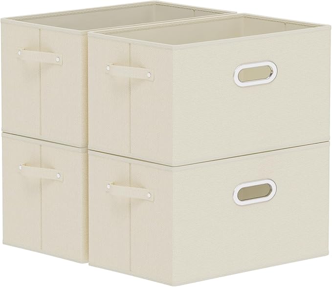Foldable Cloth Basket with 4 Handles, Decorative Open Storage Boxes, Stackable Cube Organization, Fabric Bins for Shelves, Closet, Living Room, 15x9.8x9.8in, Beige, 4 Pack